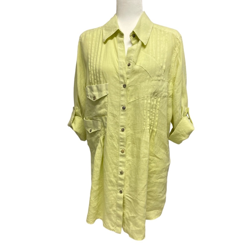 Soft Surroundings L Yellow Linen Button Down Collar Shirt Jacket Roll Sleeves
